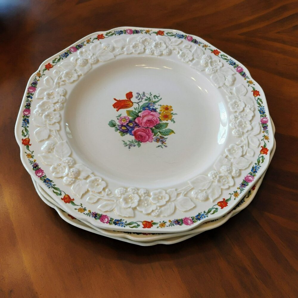 Vintage Crown Ducal Dinner Plates, Set of 3, Gainsborough Floral Embossed Cottag